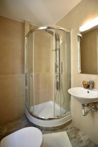 a bathroom with a shower and a toilet and a sink at Asimoni Pension in Nafplio