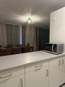 a kitchen with a microwave on top of a counter at Central Hideaway Garden, Parking, Cinema,4,5rooms in Zürich