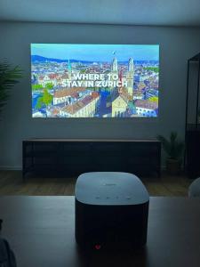 a flat screen tv in a living room at Central Hideaway Garden, Parking, Cinema,4,5rooms in Zürich