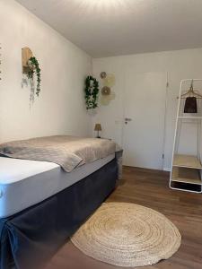 a bedroom with a bed and a rug on the floor at Central Hideaway Garden, Parking, Cinema,4,5rooms in Zürich