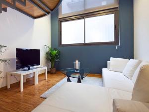 uma sala de estar com um sofá branco e uma televisão em Apartment Barcelona Rentals - Park Güell Apartments em Barcelona