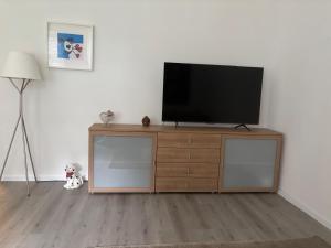 a television on top of a wooden entertainment center at Wohnung am Auepark in Kassel