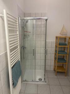 a shower with a glass door in a bathroom at Wohnung am Auepark in Kassel