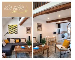 two pictures of a living room and a kitchen at Le Velours 1-Spacieux, Central, Entièrement neuf in Tournus