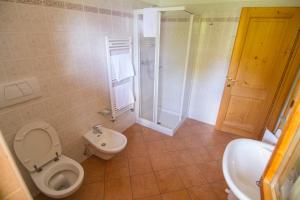 uma casa de banho com um WC, um chuveiro e um lavatório. em Agriturismo Raethia em Valdidentro