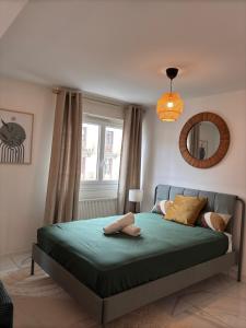 a bedroom with a bed and a mirror and a window at L'escale direct access to train station ideal location in Annemasse