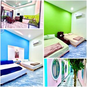 a collage of four pictures of a bedroom at Homestay SEA in Ấp Tân Bình (2)