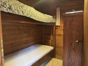 Ce lit superposé se trouve dans une chambre en bois dotée d'une porte. dans l'établissement Gemütliche Unterkünfte auf dem Reiterhof in Eschede, à Eschede 59 autres photos