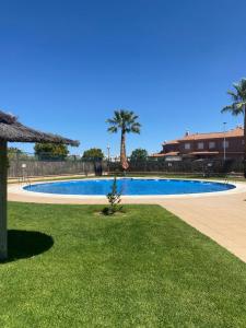 una piscina con un árbol en el césped en Atardeceres en Bajoguía, en Sanlúcar de Barrameda