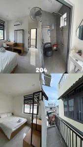 潘郎Homestay Như Ý的两张卧室和阳台的照片