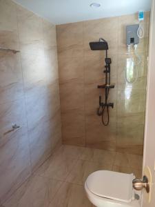 a bathroom with a shower with a toilet in it at Orange House in San Juan