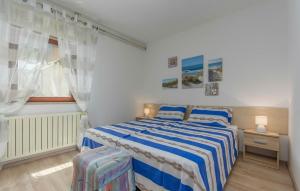 a bedroom with a blue and white bed and a window at Damir in Dajla