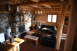 a living room with a couch and a fireplace at Brvnare Tomić in Ždrelo
