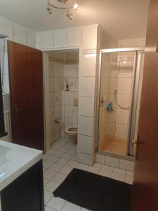 a bathroom with a shower and a toilet at Ruhige FeWo Soutterainwohnung im Grünen in Hamburg