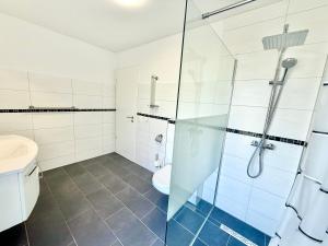 ヴォルフスブルクにあるCasa Grandeのシャワーとトイレ付きのバスルーム +8枚の写真