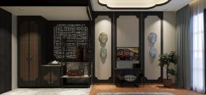 a living room with black and white walls at Seashell Samssara Havelock in Havelock Island