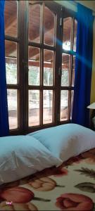 a bedroom with a bed and a window with blue curtains at Hospedaje Los Buenos Aires in Santa Ana +28 photos
