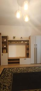 a living room with a refrigerator and a rug at Escapadă urbană, confort, curte privată și parcare in Piatra Neamţ