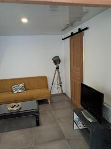 a living room with a couch and a television at LOFT #5 Angers Loire in Corné