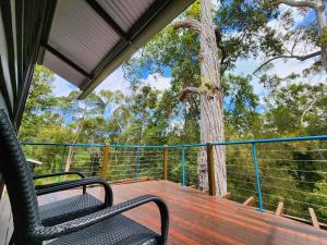 a deck with a chair and a tree at Splendid 705 Cooloola Villa, Kingfisher Bay K'gari Fraser Island in Kingfisher Bay