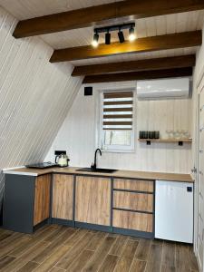 a kitchen with a sink and a counter top at Riverview cottage in Pilipets