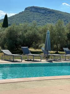 a pool with two lawn chairs and an umbrella at Domaine du Moulin de Cors in La Roque-sur-Cèze +100 photos
