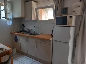 La cuisine est équipée d'un réfrigérateur blanc et d'un four micro-ondes. dans l'établissement Studio meublé indépendant tout confort classé 2**, à Aubenas