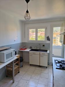 a kitchen with a sink and a microwave at Appartement 4 pers Balcon Parking gratuit in Amélie-les-Bains-Palalda +4 photos