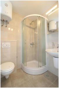 a bathroom with a shower and a toilet and a sink at Apartment Karmela in Primošten