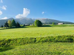 a field of green grass with mountains in the background at La Jassette 7 in Saint-Pierre-dels-Forcats