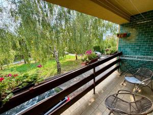 a balcony with a table and chairs and a tree at Apartmán u Šohaja in Sedlec