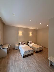 a bedroom with two beds and a desk at Chukhur Gabala Museum Hotel in Gabala
