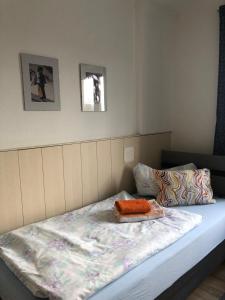 a bed with two pillows on top of it at Ferienwohnung Dresden West in Dresden +10 photos