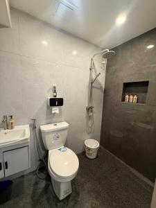 a bathroom with a toilet and a shower and a sink at Casa Tres - home in San Mateo  +23 photos