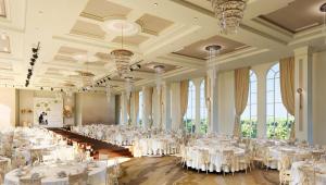 a large banquet hall with white tables and chairs at Le Blanc Heritage Hotel in Kon Rung (1) +147 photos