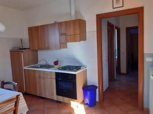 a kitchen with wooden cabinets and a stove top oven at cascina dei peri in Castelnuovo Magra