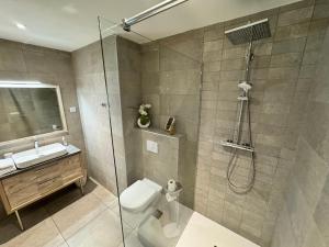 a bathroom with a shower and a toilet and a sink at Hotel Le Galambre in Nîmes +44 photos