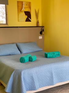 a bed with two green pillows on top of it at La Celeste casa de playa in Las Grutas