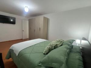 a bedroom with a large bed with green pillows at Casa Turismo Freirina in Freirina