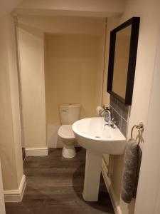 a bathroom with a white sink and a toilet at Lower Cheltenham Place in Bristol