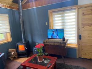 a living room with a fireplace and a stove at Hospedaje Corina Coyhaique in Coihaique