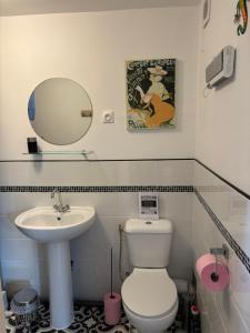 un bagno con lavandino, WC e specchio di Ferme de Noyes Cottage a Sourdeval