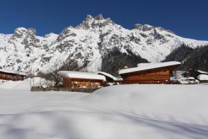 a snow covered building in front of a mountain at Familie Meilinger - Werfenweng Ferienappartement in Werfenweng