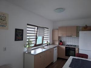 una cucina con lavandino e finestra di Apartament Sânpetru-Brașov a Sînpetru