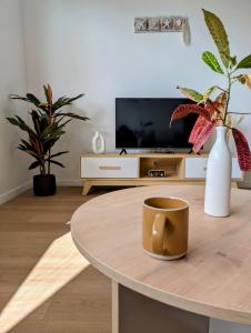 a living room with a coffee table and a tv at Sea Beach Appartement in Tamarin