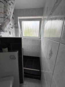 a bathroom with a shower and a window at City Ferienwohnung in Erbach +4 photos