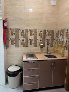 a small kitchen with a sink and a toilet at شاليهات بستان الورد لبيوت العطلات in Al Shafa