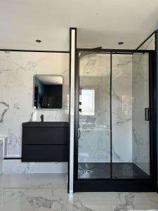 ein Badezimmer mit Dusche, Waschbecken und Spiegel in der Unterkunft Love Room Paradise in Saint-Genest-Lerpt