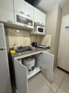 une petite cuisine avec un évier et un micro-ondes dans l'établissement CHINO I, à San Miguel de Tucumán