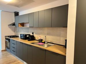 a kitchen with a sink and a counter top at Panorama Pine Retreat - Spacious 2-Bedroom Flat in Predeal